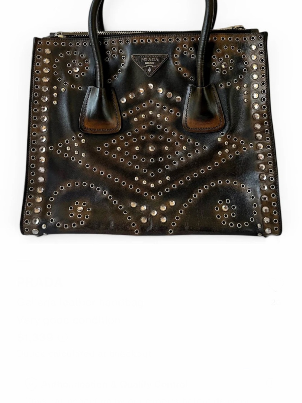 Vintage Prada Galleria Dark Brown Vitello Leather Stud-Embellished Tote